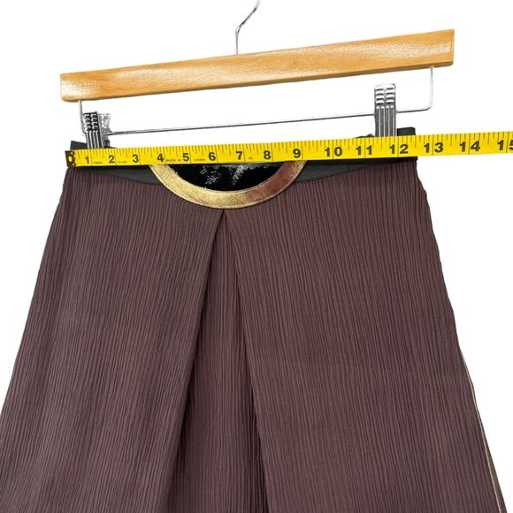 Rozae Nichols Silk Mini Skirt Brown Pleated Gold Accent Pull On Size 2 - Picture 8 of 13